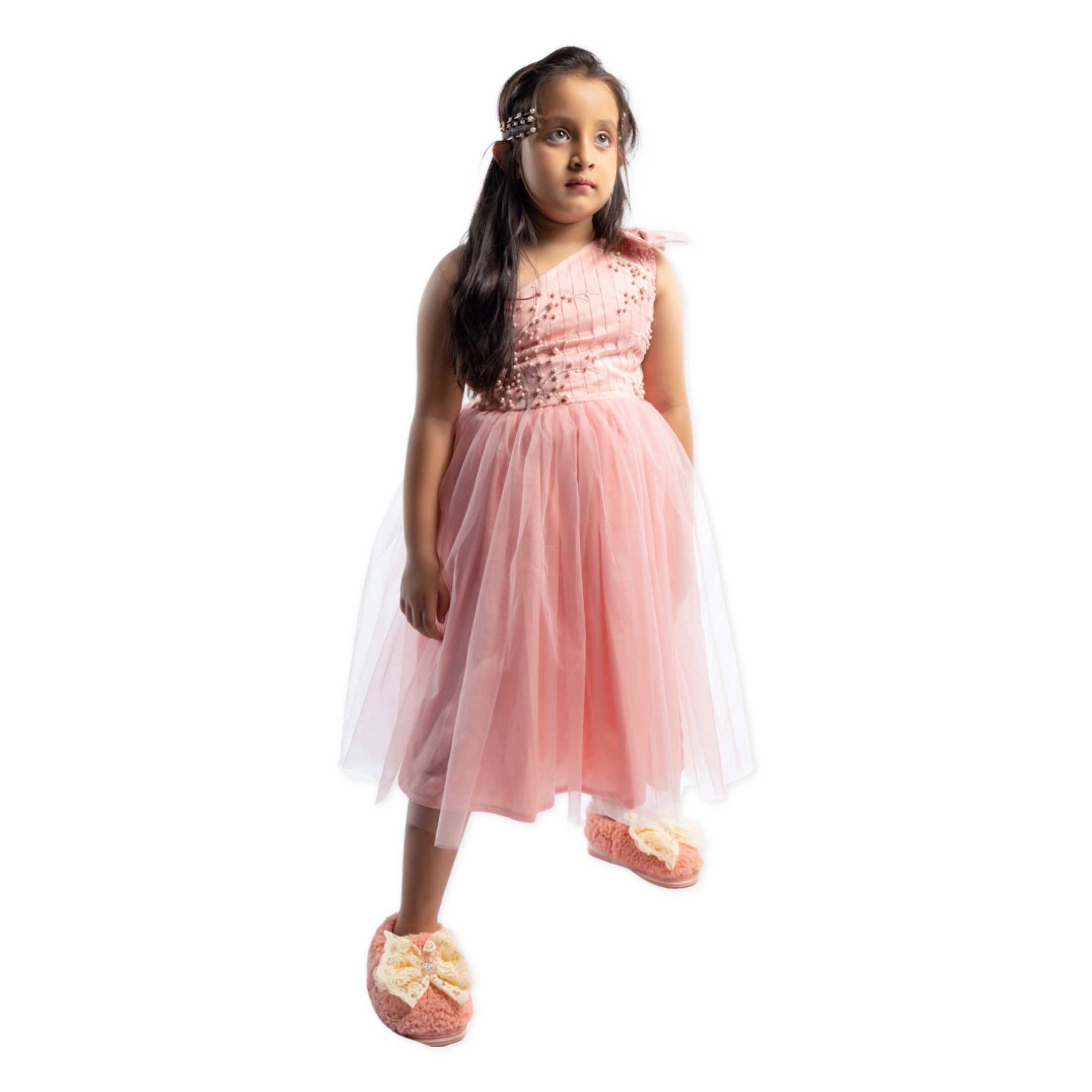 Zoul & Zera Stylish sleeveless one shoulder frock & satin bow detailing with side zip closure frock for girls