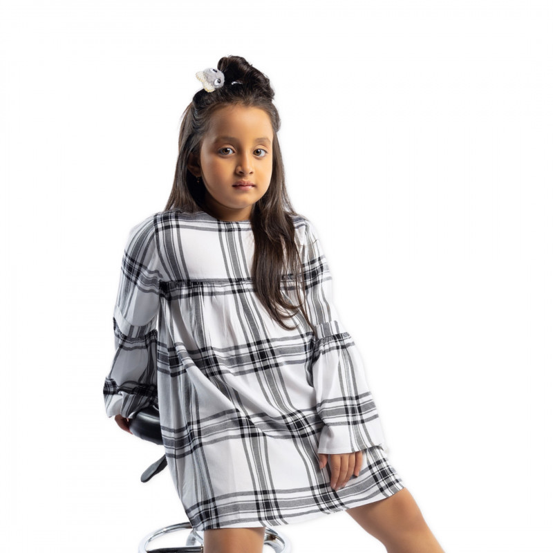 Zoul & Zera Stylish checked circular flounce sleeve boat neck a-line dress with back wood button for girls