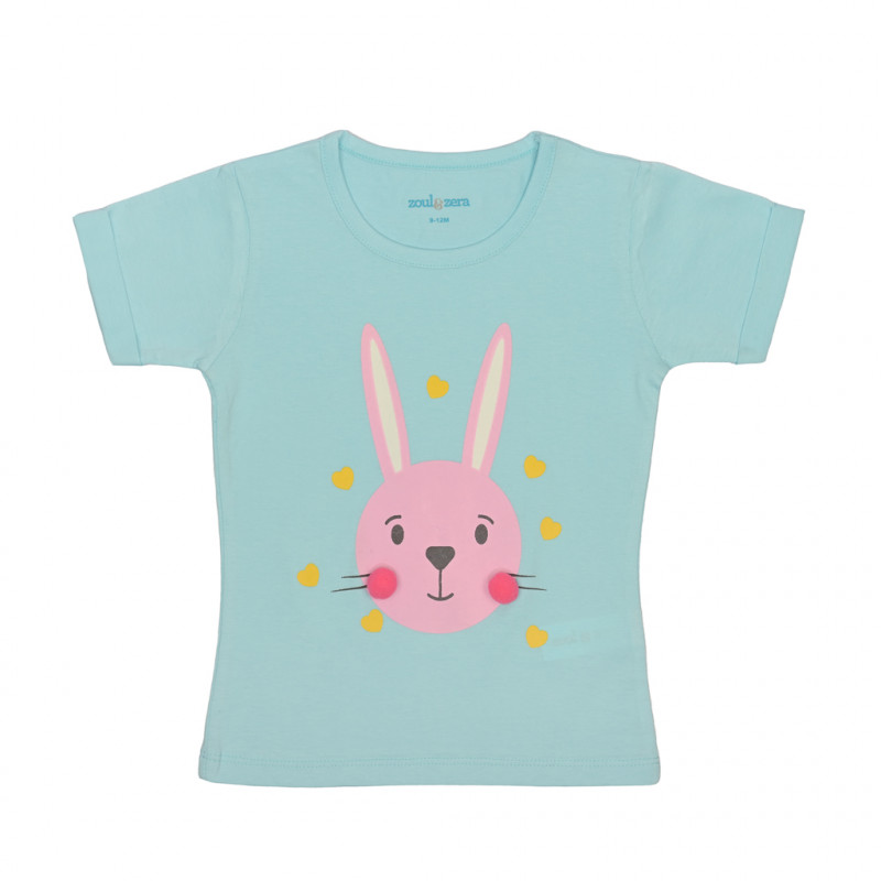 zoul & zera baby girls sky blue rabbit printed t-shirt with pink pompom